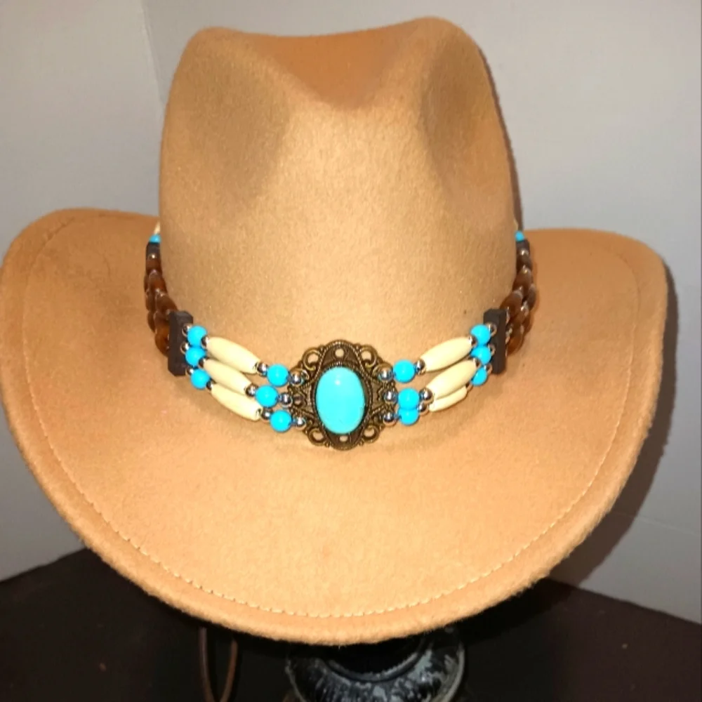 Tan Western Hat with Turquoise and Brown Beaded Band - Picture 3 of 9